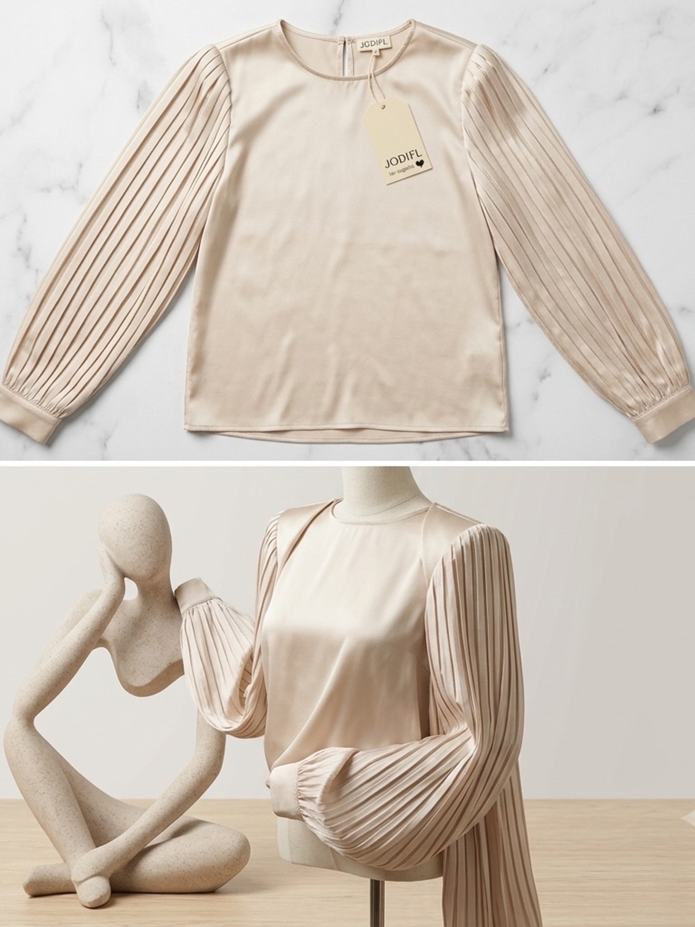 JODIFL Light Champagne Pleated Balloon Sleeve Top NWT XL